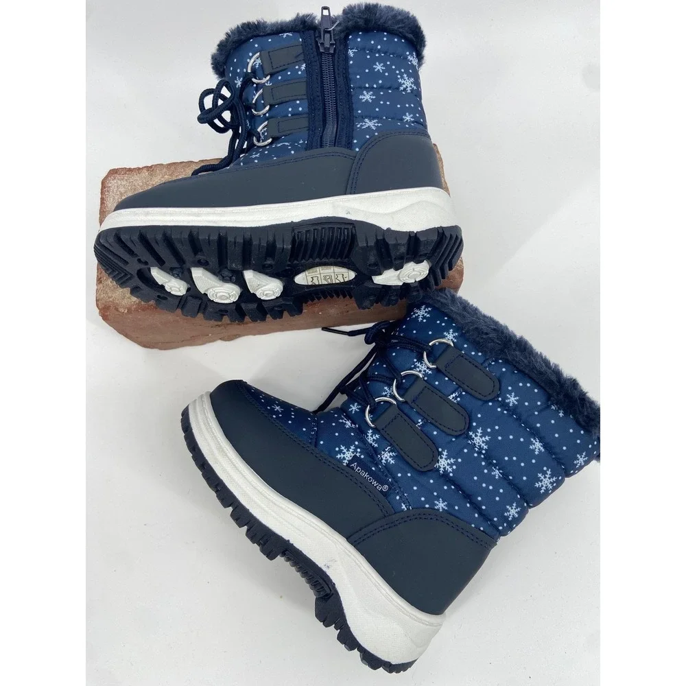 Apakowa Kids Navy Blue Snowflake Winter Snow Boots Faux Fur Lined Waterproof Lug